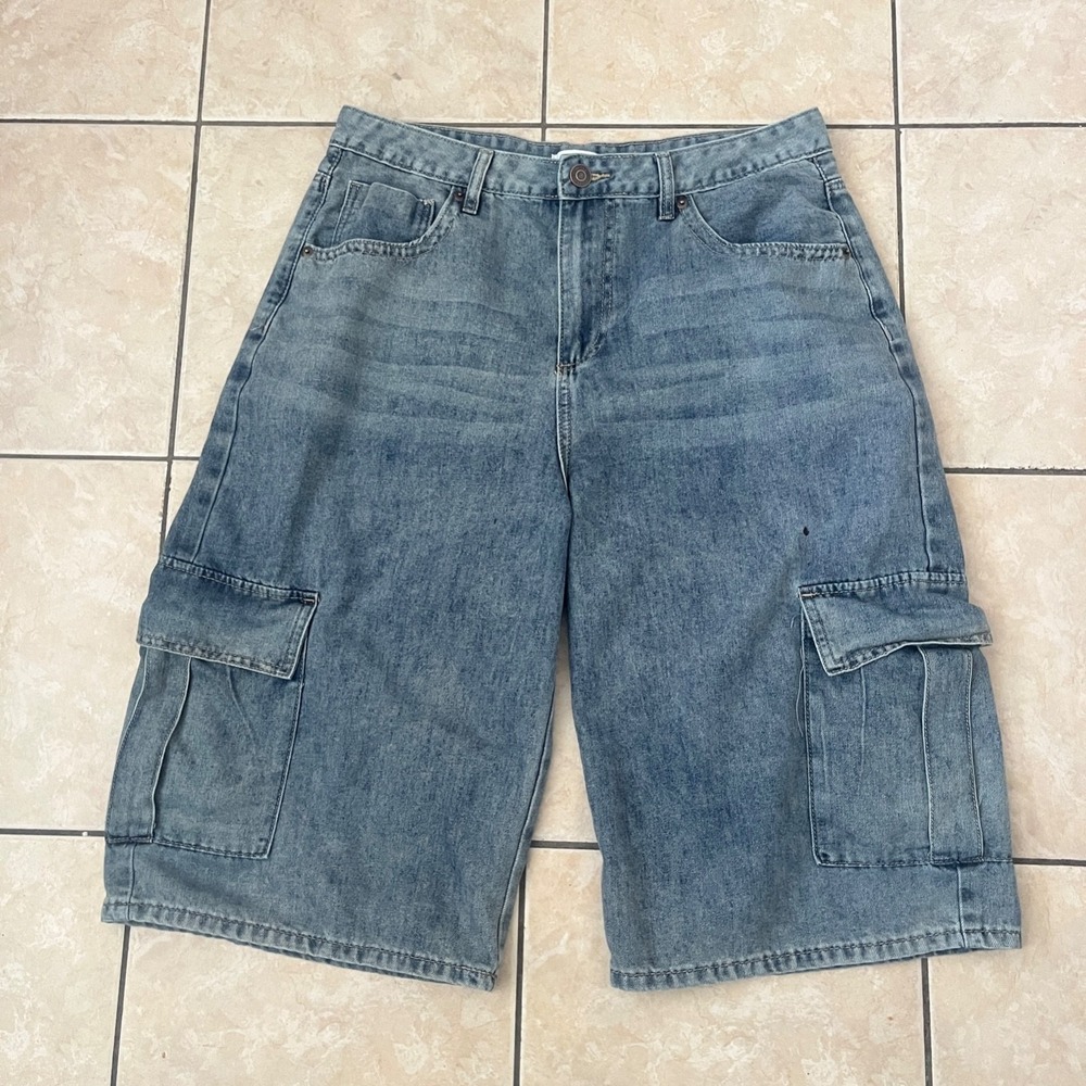 YMI Women Denim Cargo Jort Shorts Blue 13/31 High Rise Baggy Barrel Leg Y2K Jean